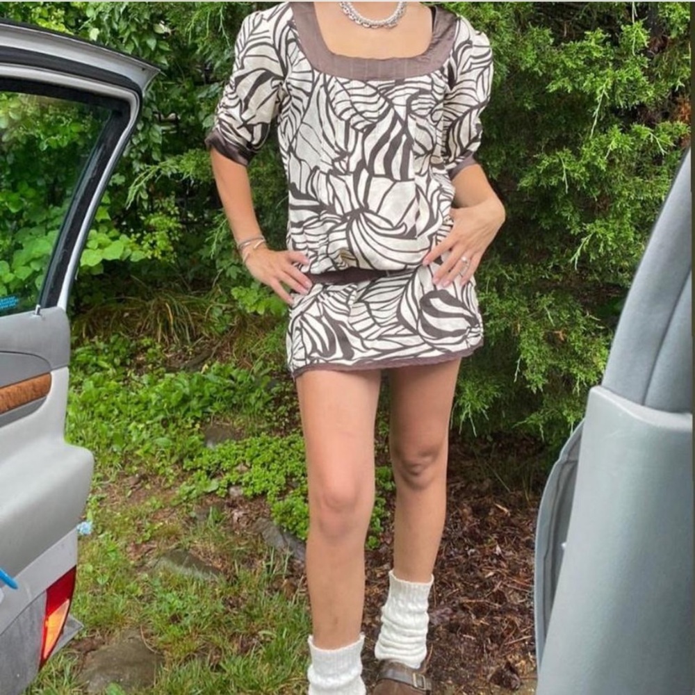 Vintage cream and black patterned babydoll dress with puffy sleeves and lace